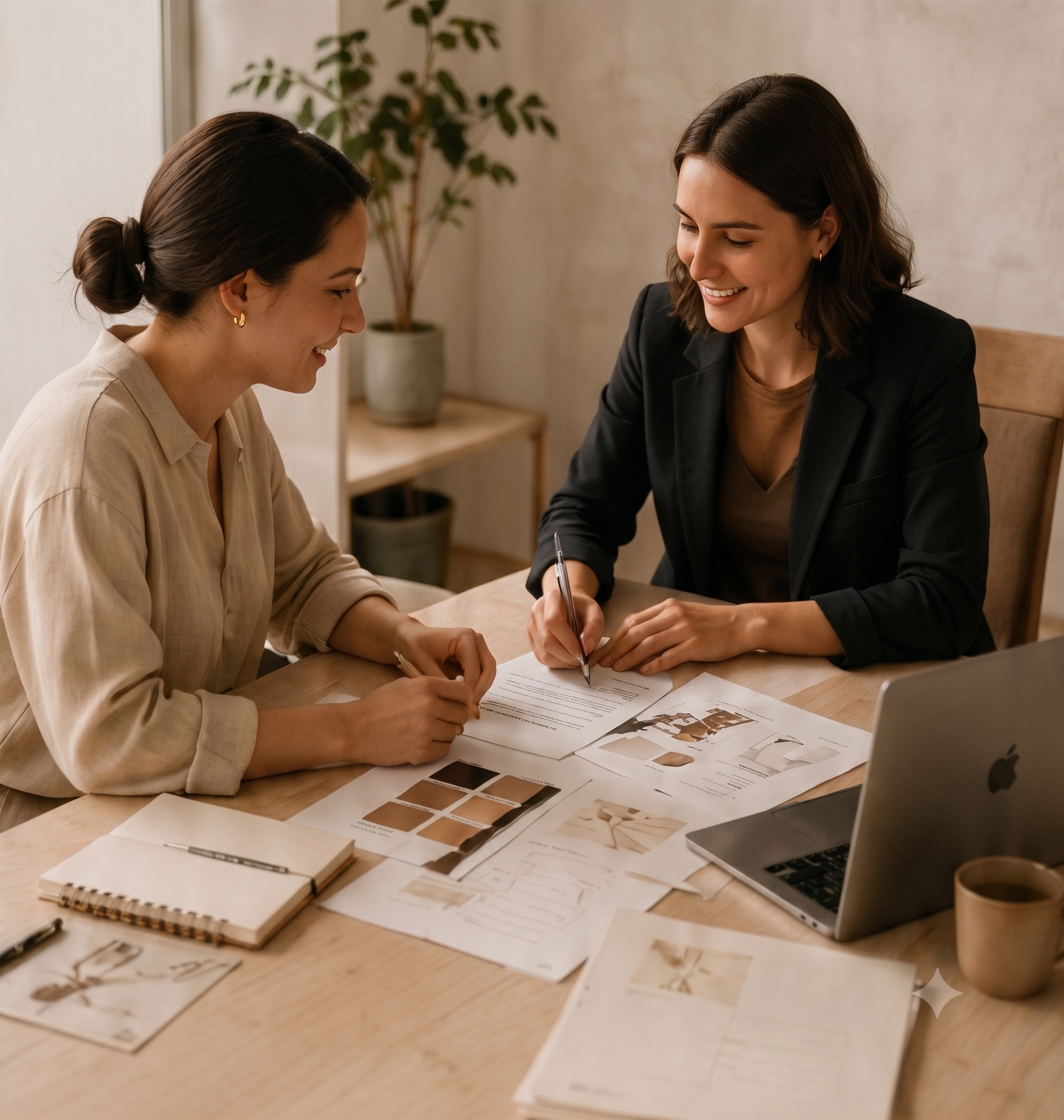 Dos personas del equipo revisando juntas la propuesta de identidad de una marca