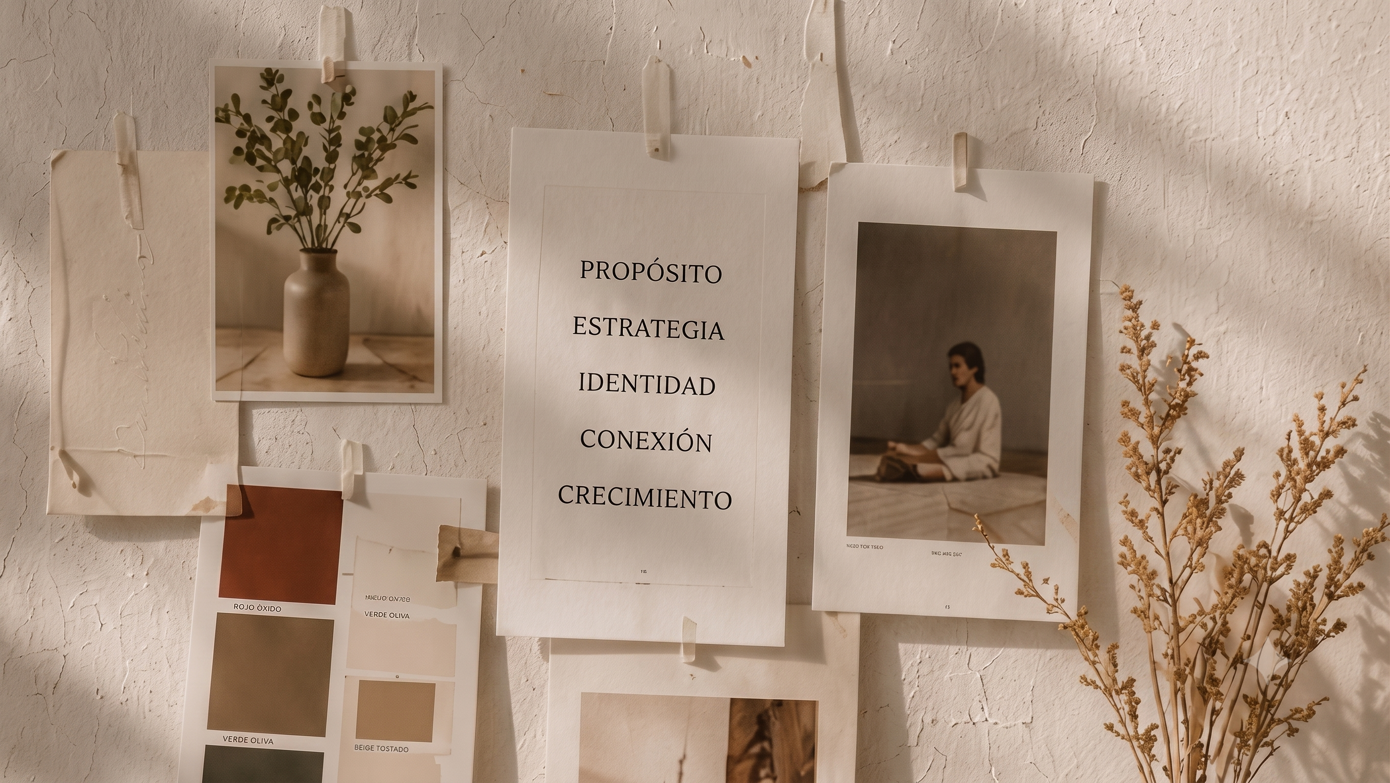 Muro con láminas de moodboard: propósito, estrategia, identidad, conexión y crecimiento