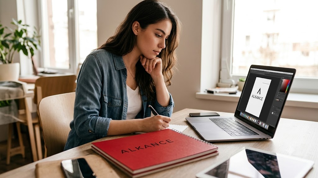 Emprendedora diseñando la identidad de su marca sobre un cuaderno y un portátil