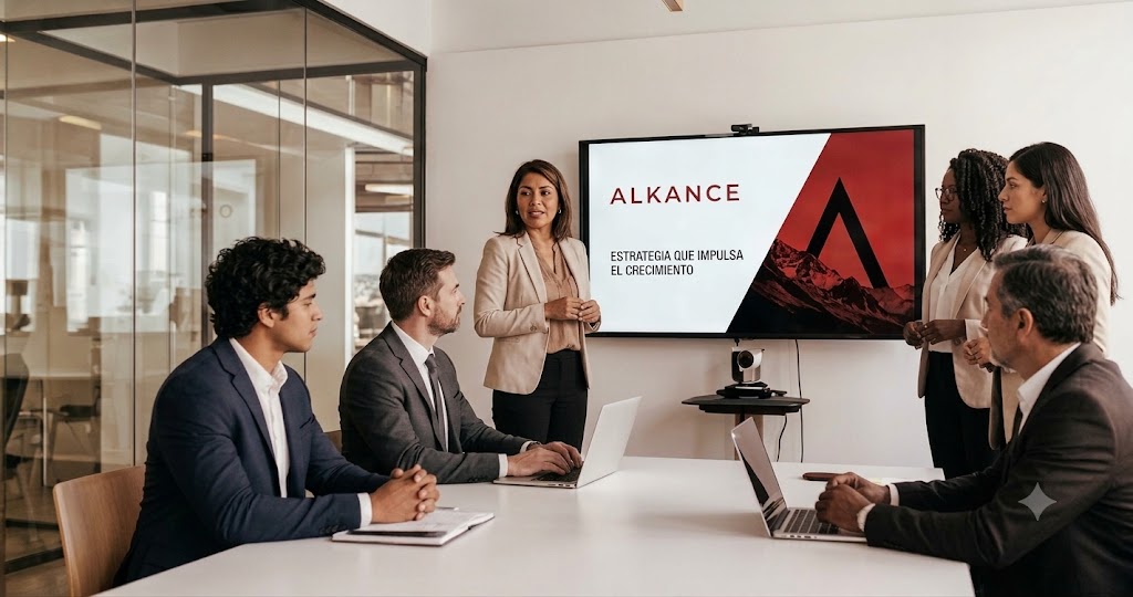 Equipo de una empresa en sesión de estrategia de crecimiento